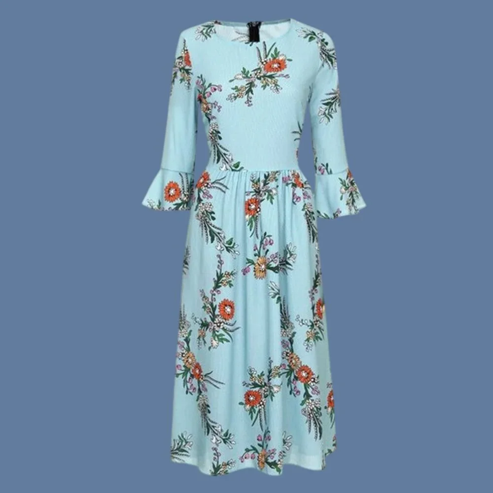 Women's Flounce 3/4 Sleeve Gathered Waist Crew Neck Floral Fit & Flare Dress L - Picture 6 of 6